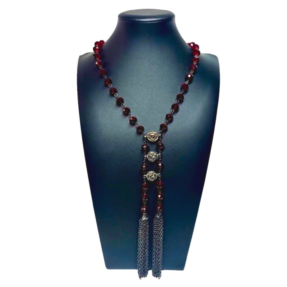 VTG Rose Red Crystal Tassel Matinee Necklace Jewelry 17"-20"